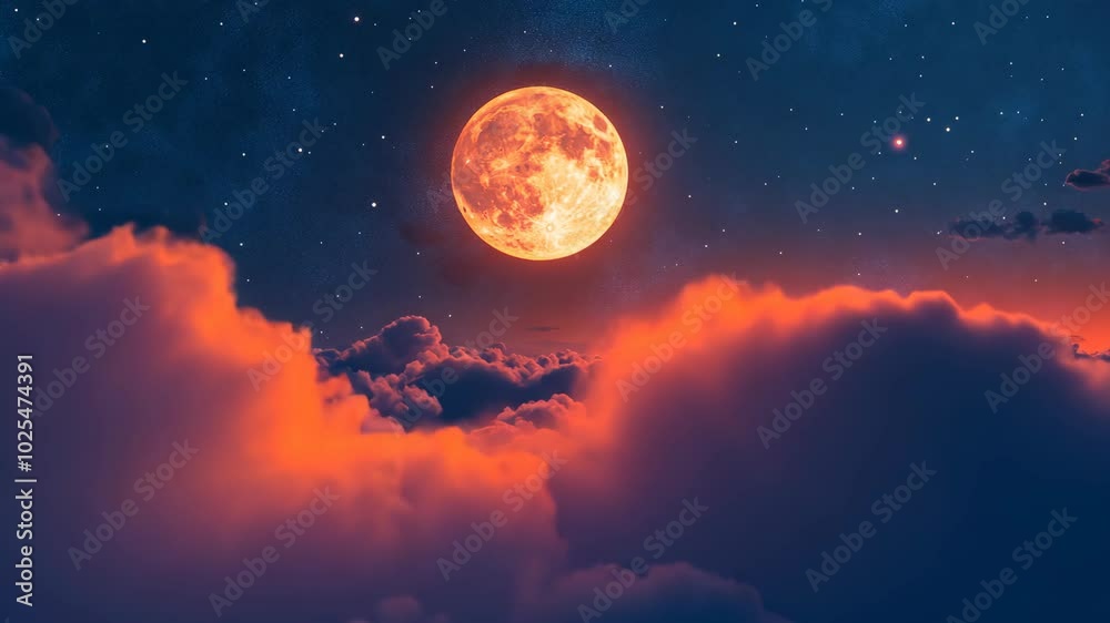 A full, orange moon hangs in the night sky, illuminated by a scattering of stars A full, orange moon hangs in the night sky, illuminated by a scattering of stars
