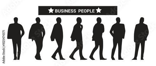 Business people, set of vector silhouettes.Vector silhouettes of men and a woman, a group of standing business people, profile, black color isolated.Illustration eps 10 photo