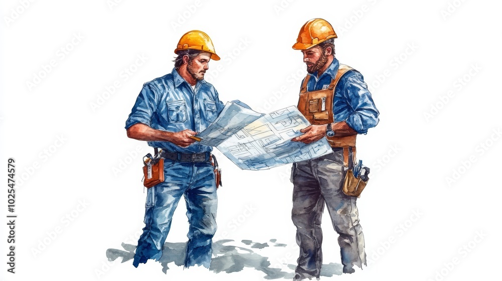 Two Construction Workers Reviewing Blueprints Two Construction Workers Reviewing Blueprints