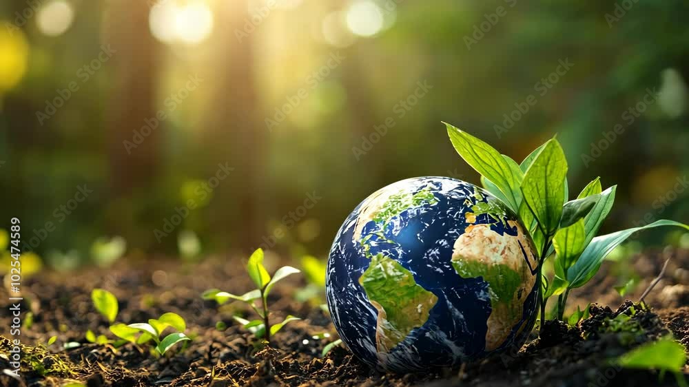 A globe sits in the soil with small plants growing around it, symbolizing growth and new beginnings A globe sits in the soil with small plants growing around it, symbolizing growth and new beginnings