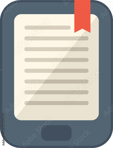 Stylized digital tablet is displaying an open e book with a red bookmark
