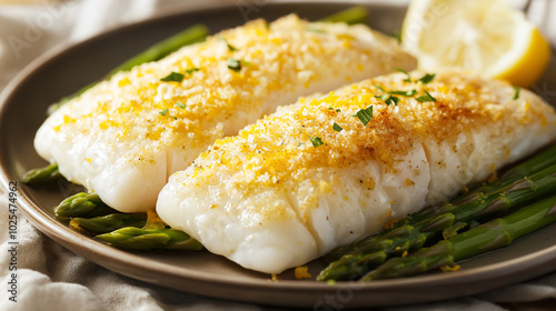 Baked fish fillet with a breadcrumb crust, lemon zest, and asparagus on a stylish plate