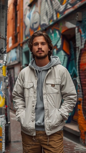 Stylish Man in Urban Setting with Graffiti Wall