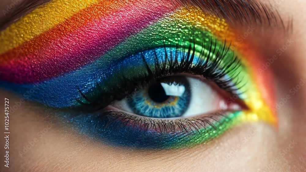A close-up of a blue eye with rainbow eyeshadow, showcasing vibrant colors and detailed eyeliner A close-up of a blue eye with rainbow eyeshadow, showcasing vibrant colors and detailed eyeliner