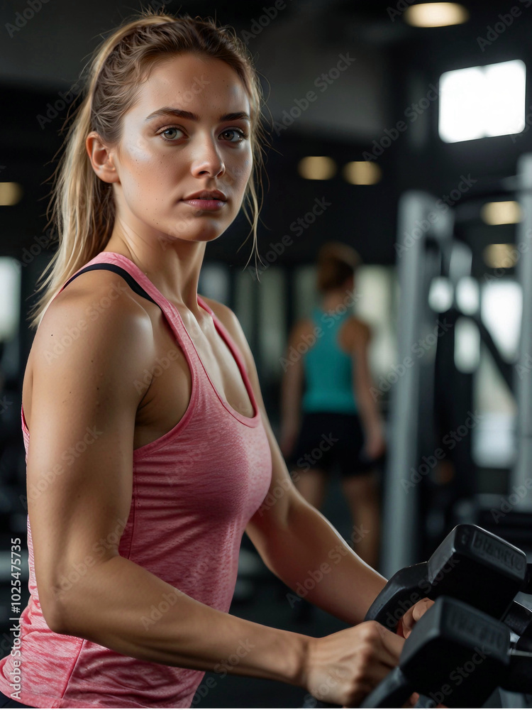 Fototapeta premium Young woman walking on treadmill in gym