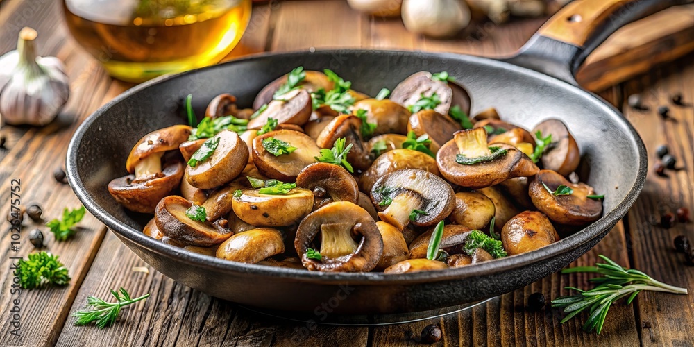 A Cast Iron Skillet Filled with Saut?ed Mushrooms, Herbs, and Aromatic Spices, a Rustic Culinary Delight A Cast Iron Skillet Filled with Saut?ed Mushrooms, Herbs, and Aromatic Spices, a Rustic Culinary Delight