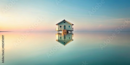 Minimalist floating house reflected in serene pastel hued mirrored water from low angle photo