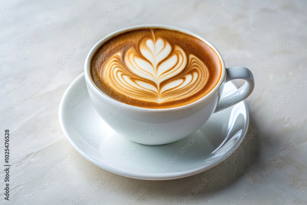 Minimalist flower latte art on latte coffee in white cup Minimalist flower latte art on latte coffee in white cup