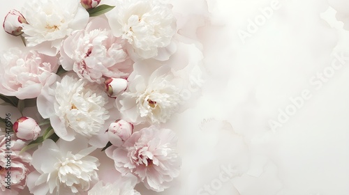 Fototapeta Naklejka Na Ścianę i Meble -  Minimalist watercolor peonies with subtle blush and white petals, gently scattered across a pale, muted background for a serene, elegant look 