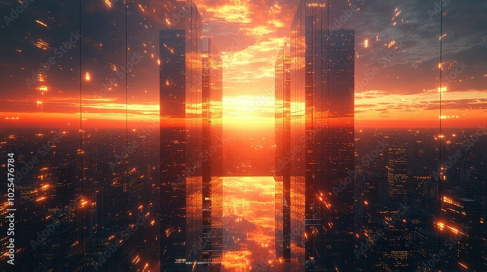 Fototapeta premium Sunset Reflected in a Glass Skyscraper with a Cityscape in the Background