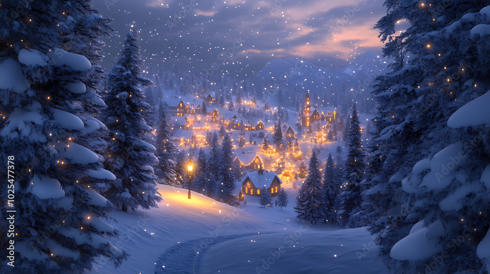 A panoramic view of a snow-covered forest with a cozy Christmas village in the distance, twinkling lights reflecting off the white snow A panoramic view of a snow-covered forest with a cozy Christmas village in the distance, twinkling lights reflecting off the white snow