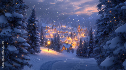 A panoramic view of a snow-covered forest with a cozy Christmas village in the distance, twinkling lights reflecting off the white snow 