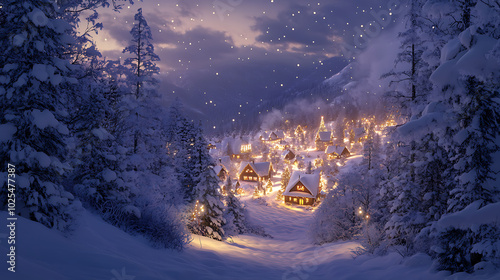 A panoramic view of a snow-covered forest with a cozy Christmas village in the distance, twinkling lights reflecting off the white snow  photo