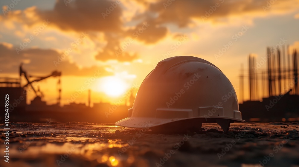 Obraz premium Beautiful image of an engineering helmet at sunset, civil construction