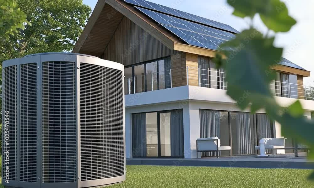 Modern House with Solar Panels and HVAC Unit Modern House with Solar Panels and HVAC Unit