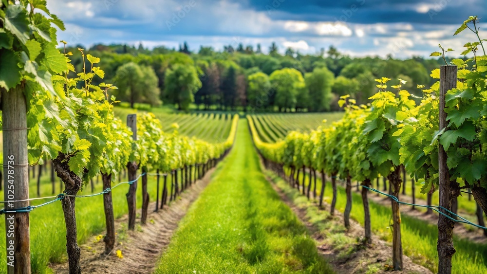 Fototapeta premium Minimalist grape vines growing in vineyard in northern Michigan
