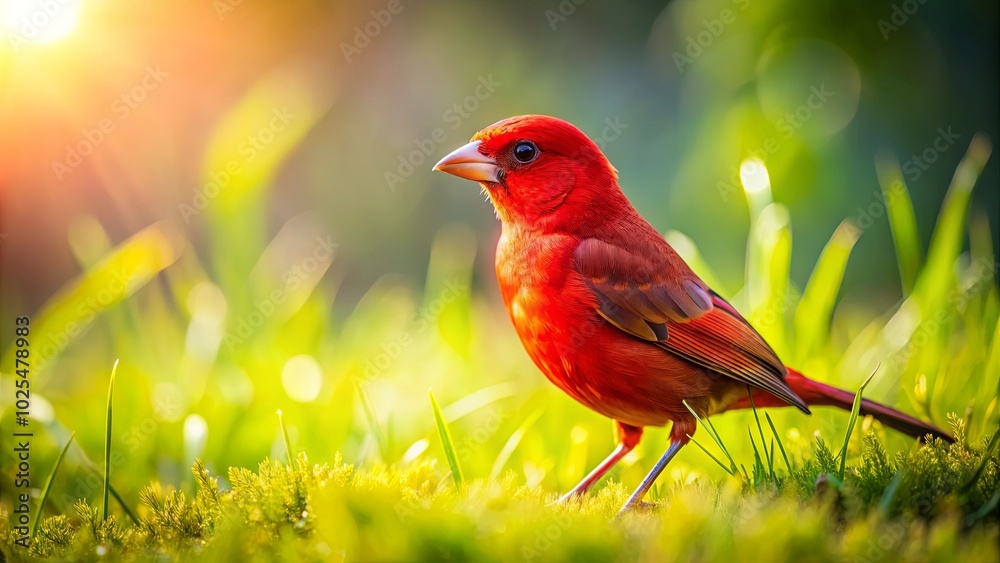 A Vibrant Scarlet Bird Perched Among Lush Greenery, Basking in the Warm Glow of the Setting Sun A Vibrant Scarlet Bird Perched Among Lush Greenery, Basking in the Warm Glow of the Setting Sun
