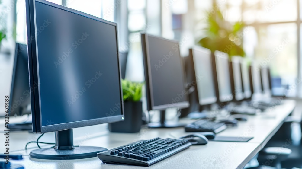 Computer Monitors and Keyboard on a Desk in an Office Computer Monitors and Keyboard on a Desk in an Office