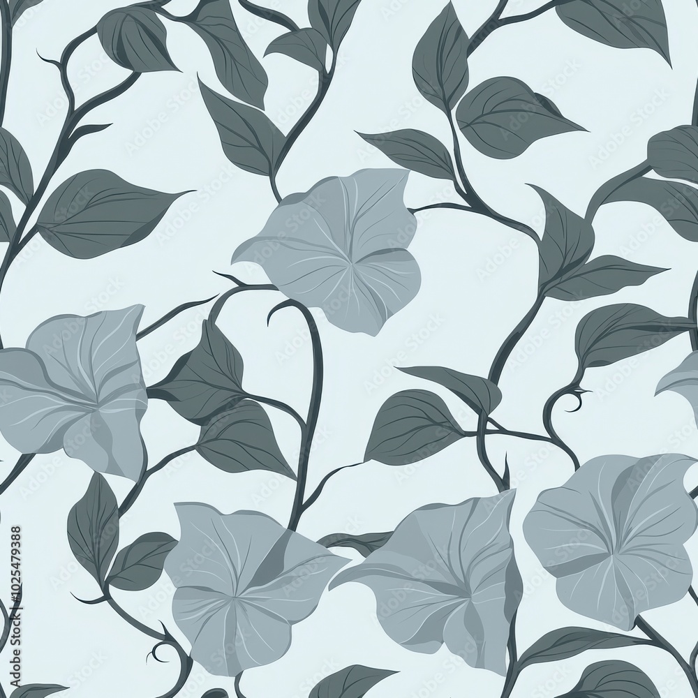 Serene leafy pattern in soft shades of gray and green, featuring large stylized leaves and twisting vines on a pale background. A calming, nature design ideal for wallpaper and fabric applications Serene leafy pattern in soft shades of gray and green, featuring large stylized leaves and twisting vines on a pale background. A calming, nature design ideal for wallpaper and fabric applications