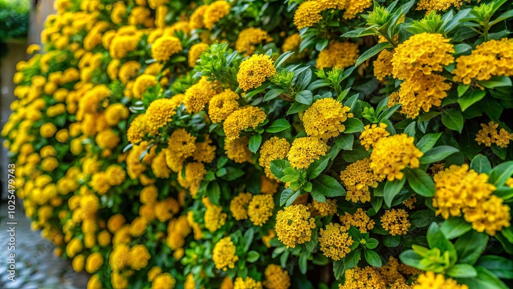 A vibrant tapestry of golden blossoms, densely clustered on lush green foliage, creating a mesmerizing display of nature's artistry. A vibrant tapestry of golden blossoms, densely clustered on lush green foliage, creating a mesmerizing display of nature's artistry.