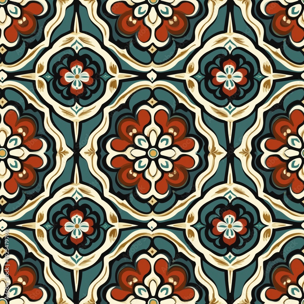 Intricate geometric pattern featuring bold floral motifs in shades of red, teal, and beige, outlined in black. This vintage tile design is perfect for decorative textiles, flooring, or wallpaper Intricate geometric pattern featuring bold floral motifs in shades of red, teal, and beige, outlined in black. This vintage tile design is perfect for decorative textiles, flooring, or wallpaper