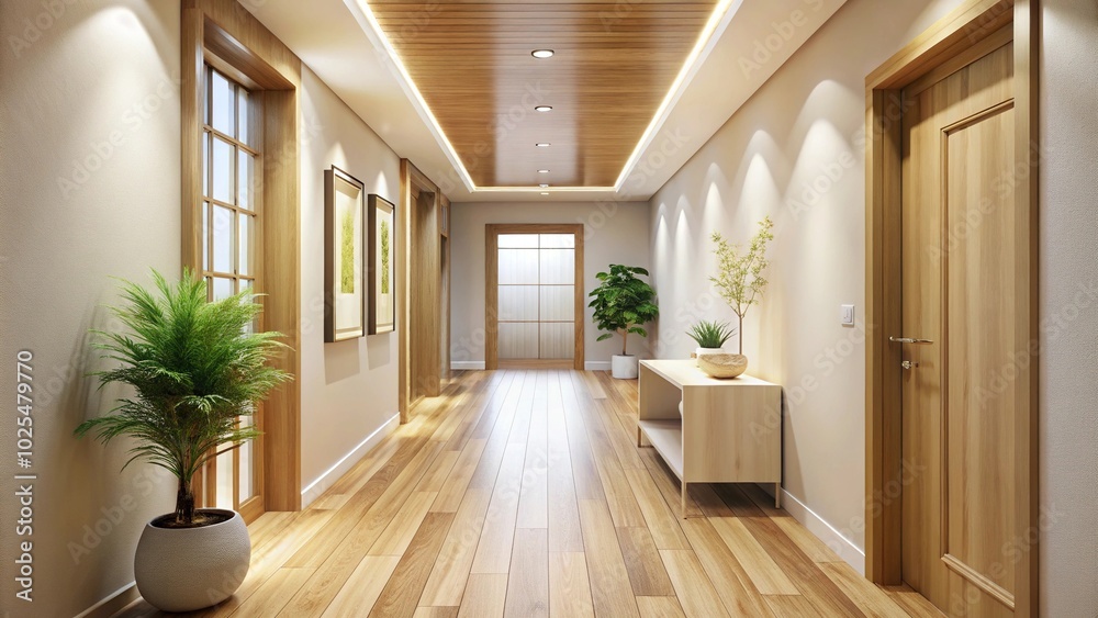 Minimalist hallway with warm wood tones and natural light Minimalist hallway with warm wood tones and natural light
