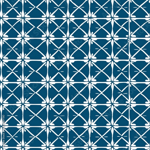 Minimalistic geometric pattern featuring white intersecting lines forming diamond and floral shapes on a deep blue background. This clean and modern design is ideal for wallpapers and textiles