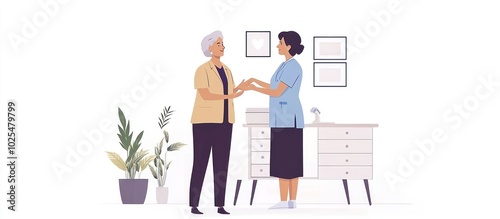 A female doctor holds the hand of an elderly woman patient while standing in an office.