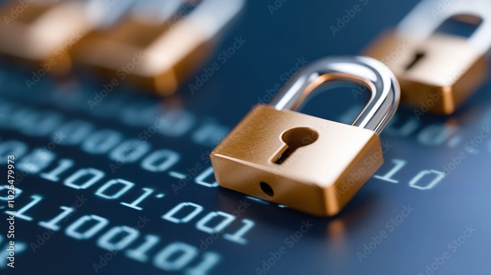 Close-up of padlocks on a digital background with binary code. Close-up of padlocks on a digital background with binary code.