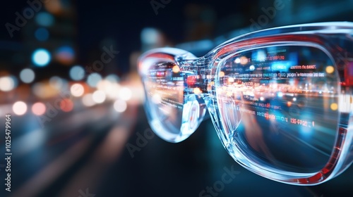 Close-up of glasses reflecting city lights at night, blurred background.