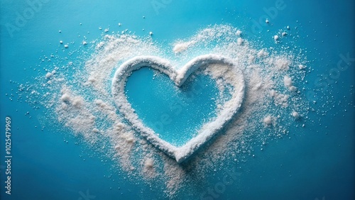 Minimalist heart shape drawing in white powder on blue background