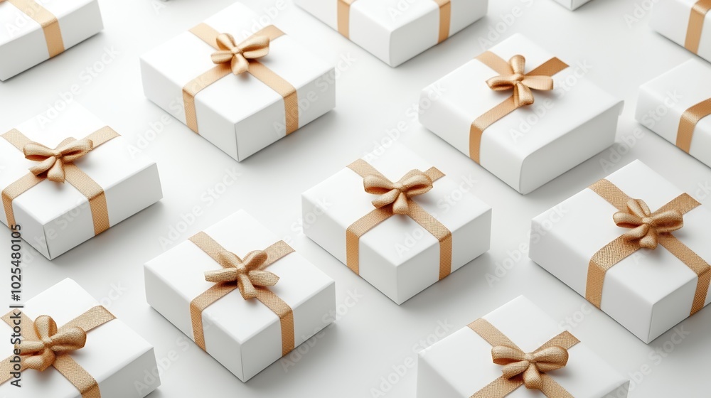 Collection of white gift boxes with golden ribbons on a smooth background. Collection of white gift boxes with golden ribbons on a smooth background.