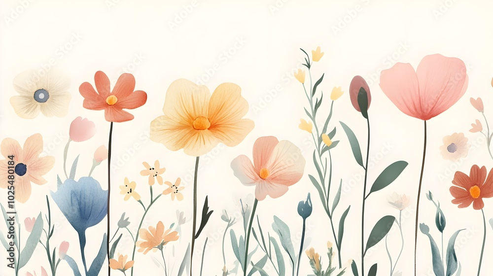 Obraz premium Soft pastel watercolor wildflowers painted in a loose, minimalistic style, randomly arranged on a light beige background, evoking a peaceful and natural aesthetic