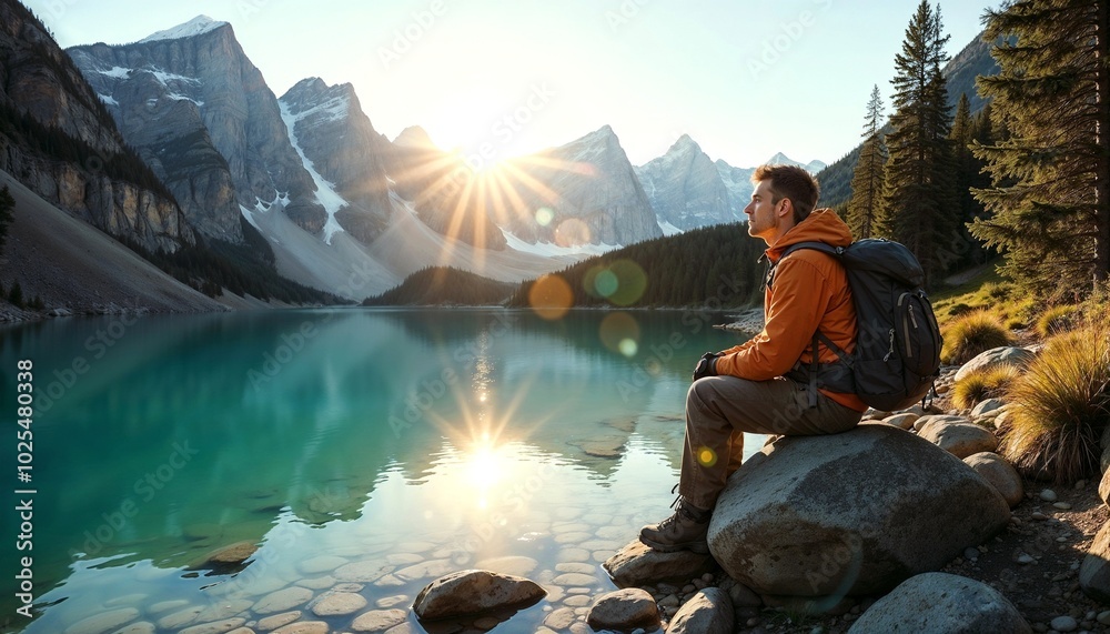 Fototapeta premium Traveler Sitting on a Rock by a Mountain Lake at Sunrise, Surrounded by Stunning Peaks and Crystal-Clear Water, Embracing the Beauty of Nature and Tranquility. 