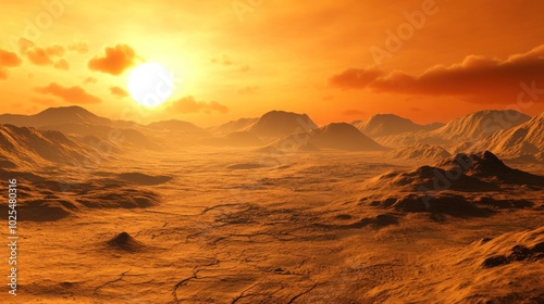 A panoramic view of a vast desert landscape with a fiery sunset behind rolling hills and mountains.