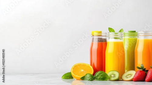 Colorful glass bottles of fresh juice with fruits on a white isolated background.