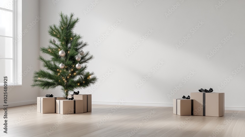 Cozy living room with a decorated Christmas tree and wrapped gifts, minimalistic style. Cozy living room with a decorated Christmas tree and wrapped gifts, minimalistic style.