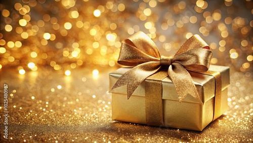 A shimmering golden gift box with a luxurious satin bow, nestled amidst a sparkling backdrop of glittering lights.