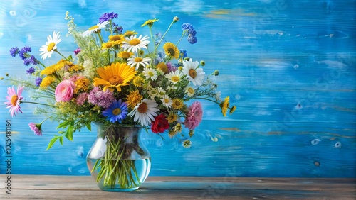 A vivid bouquet of wildflowers, a vibrant symphony of colors, stands proudly in a crystal vase against a backdrop of textured blue wooden planks.