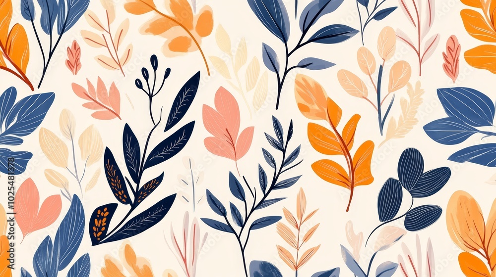 Fototapeta premium Abstract Watercolor Floral Seamless Pattern with Blue Orange and Pink Leaves on Cream Background
