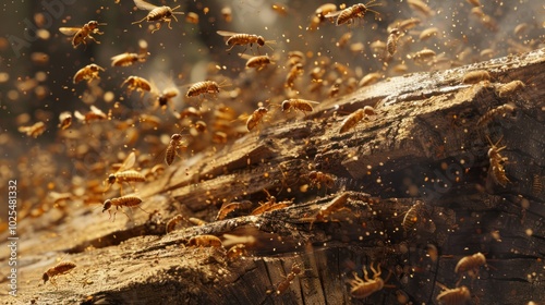 Termites swarming around a decaying log