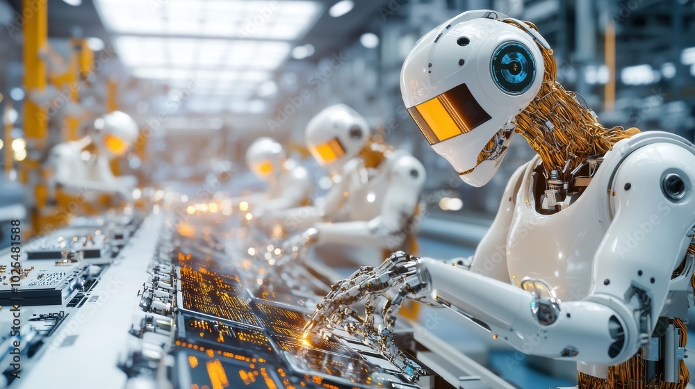 Robots Working on an Assembly Line in Industrial Setting