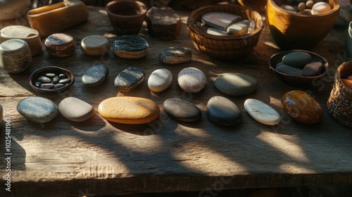 A variety of smooth, colorful stones arranged in a row on a wooden table, bathed in soft sunlight. photo