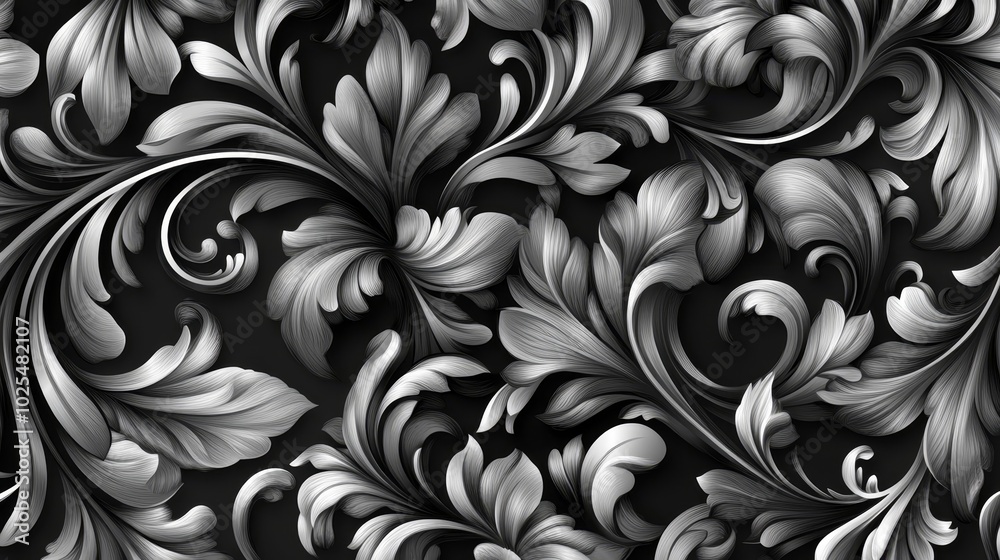 Silver Floral Pattern Ornate Design Elegant Background Black and White Seamless Wallpaper Texture Silver Floral Pattern Ornate Design Elegant Background Black and White Seamless Wallpaper Texture