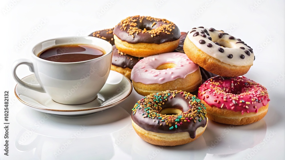 A tempting arrangement of various sweet glazed donuts with a cup of dark coffee on a white surface. A tempting arrangement of various sweet glazed donuts with a cup of dark coffee on a white surface.