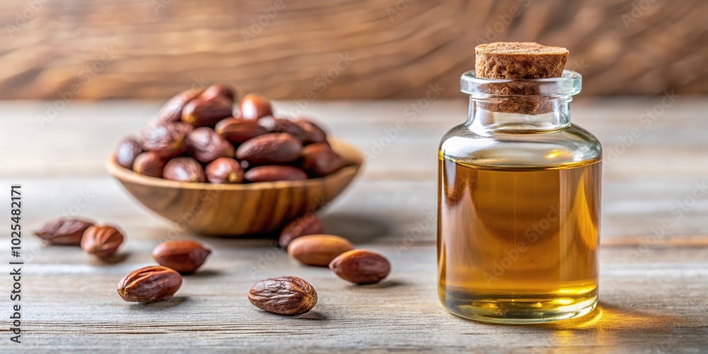 Minimalist jojoba seeds and small corked bottle filled with jojoba oil Minimalist jojoba seeds and small corked bottle filled with jojoba oil