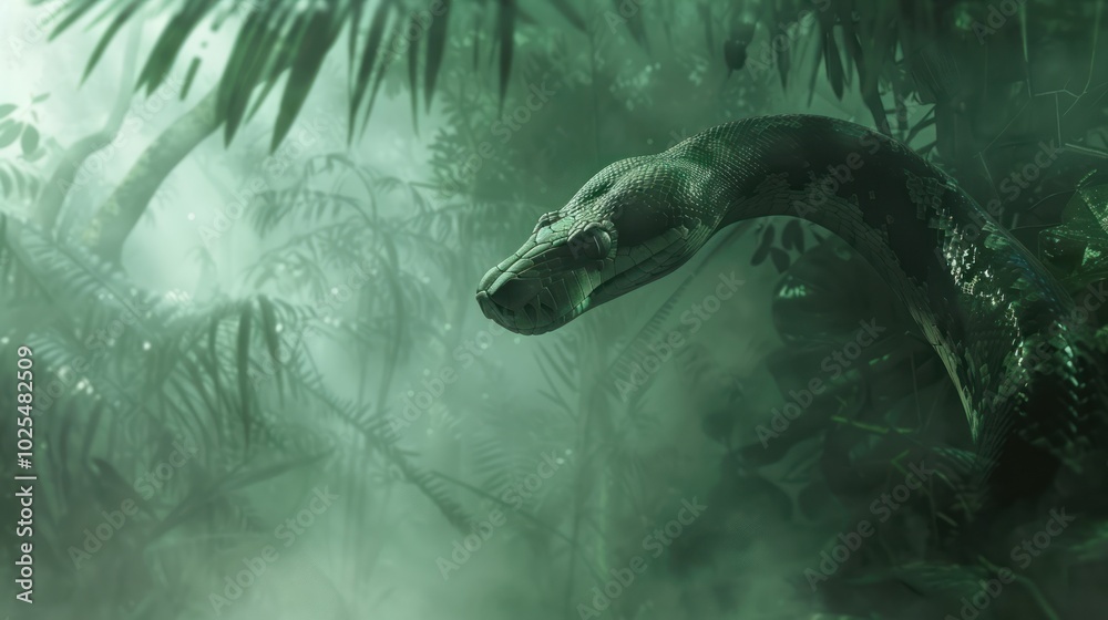 Obraz premium Green Snake Camouflaged Among Lush Tropical Foliage