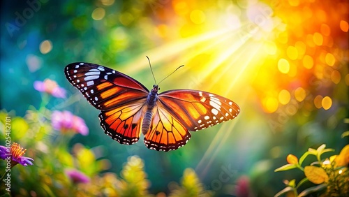 A butterfly with vibrant wings, bathed in the golden glow of the afternoon sun, floats gracefully amongst a vibrant green field of wildflowers.