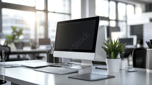 Modern Office Desk with Computer Keyboard and Plant