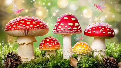 A vibrant fly agaric mushroom surrounded by lush green grass and moss in an autumn forest setting, showcasing its iconic red cap and white spots